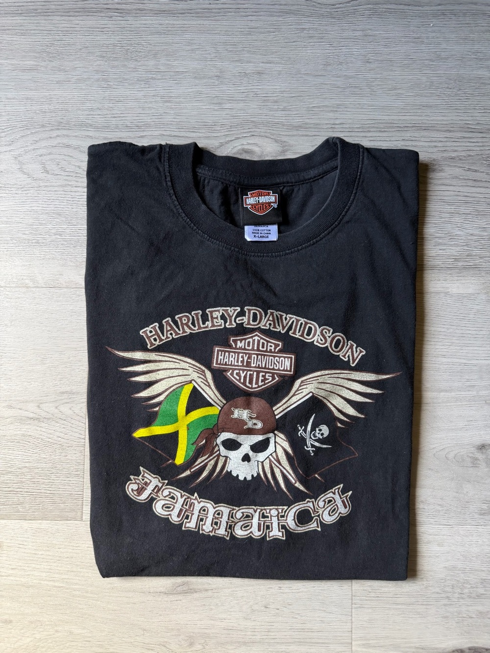 Harley-Davidson Black Tee with Green and Yellow Jamaican Flag Skull Graphic